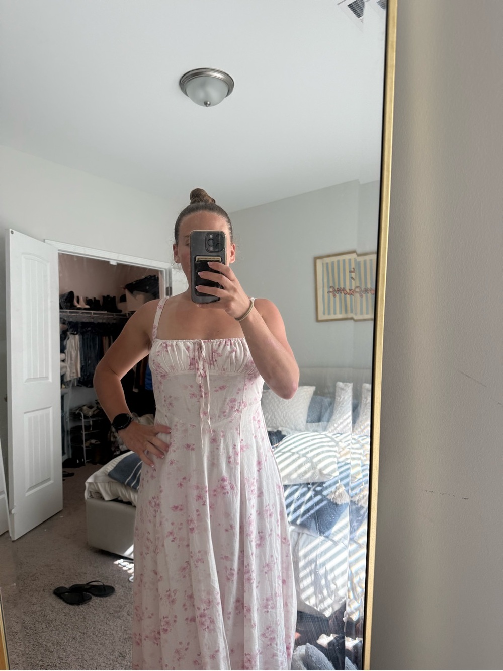 White Maxi Dress with Pink Floral Print — Sleeveless Summer Maxi